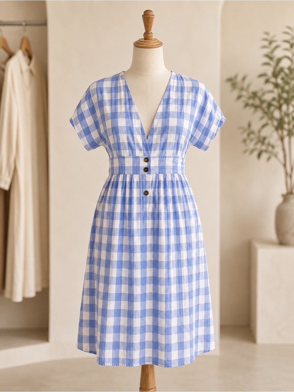 Lulu's Blue and White Gingham V-Neck Midi Dress